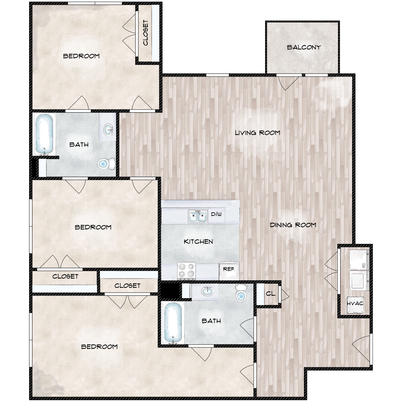 Floor plan for 3 beds, 2 baths, 1466 sqft
